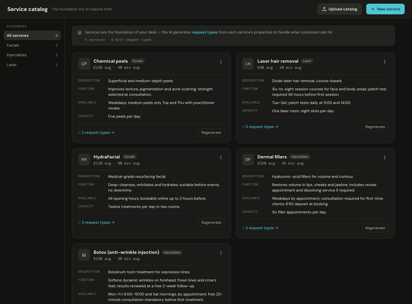 ReQuest DESK service catalog from a live tenant: services grouped by category with ITIL fields, prices and request-type coverage on each card