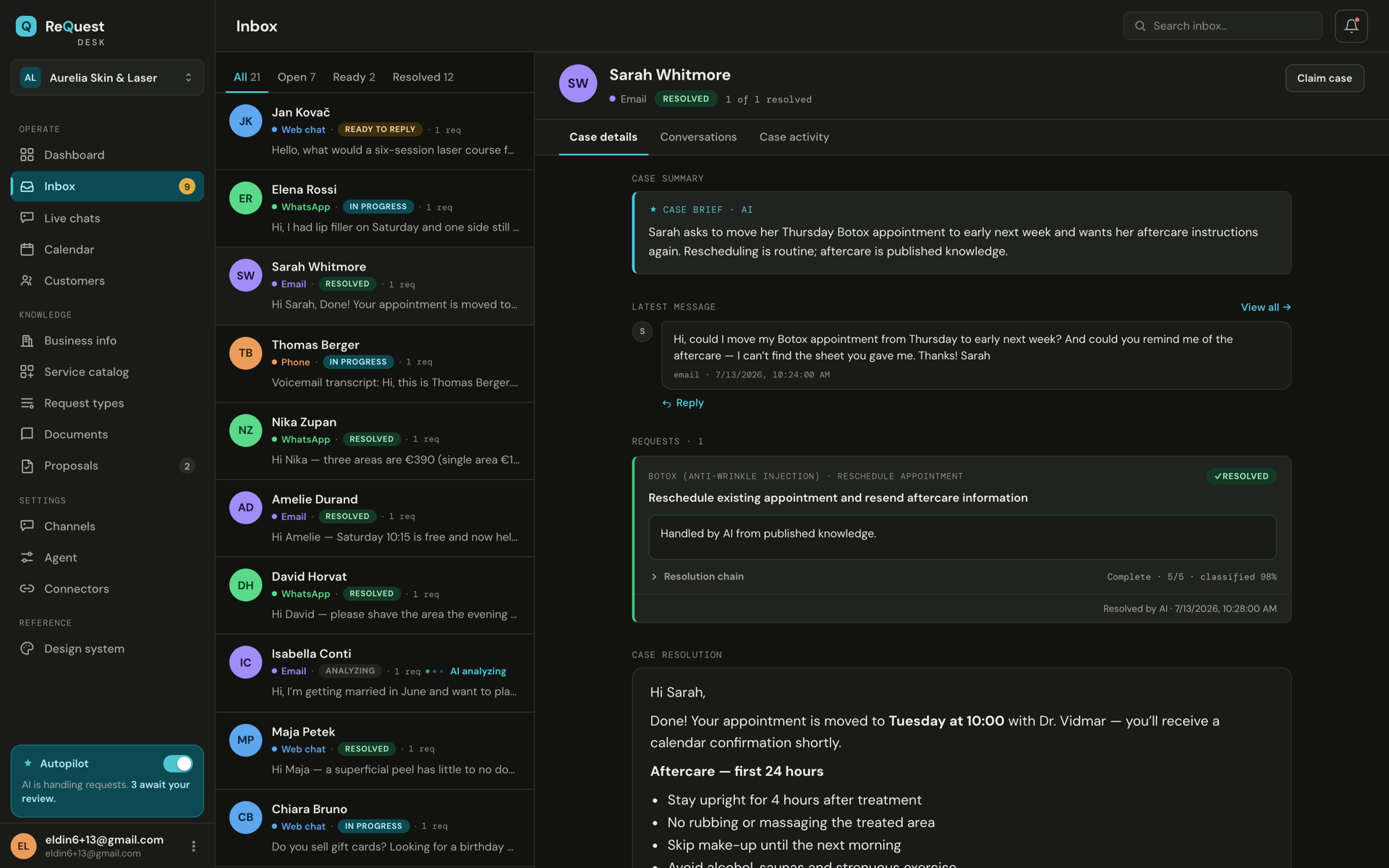 A resolved case in ReQuest DESK: the AI-written case summary, the customer's email, and the request marked resolved with the reply sent — no human involvement