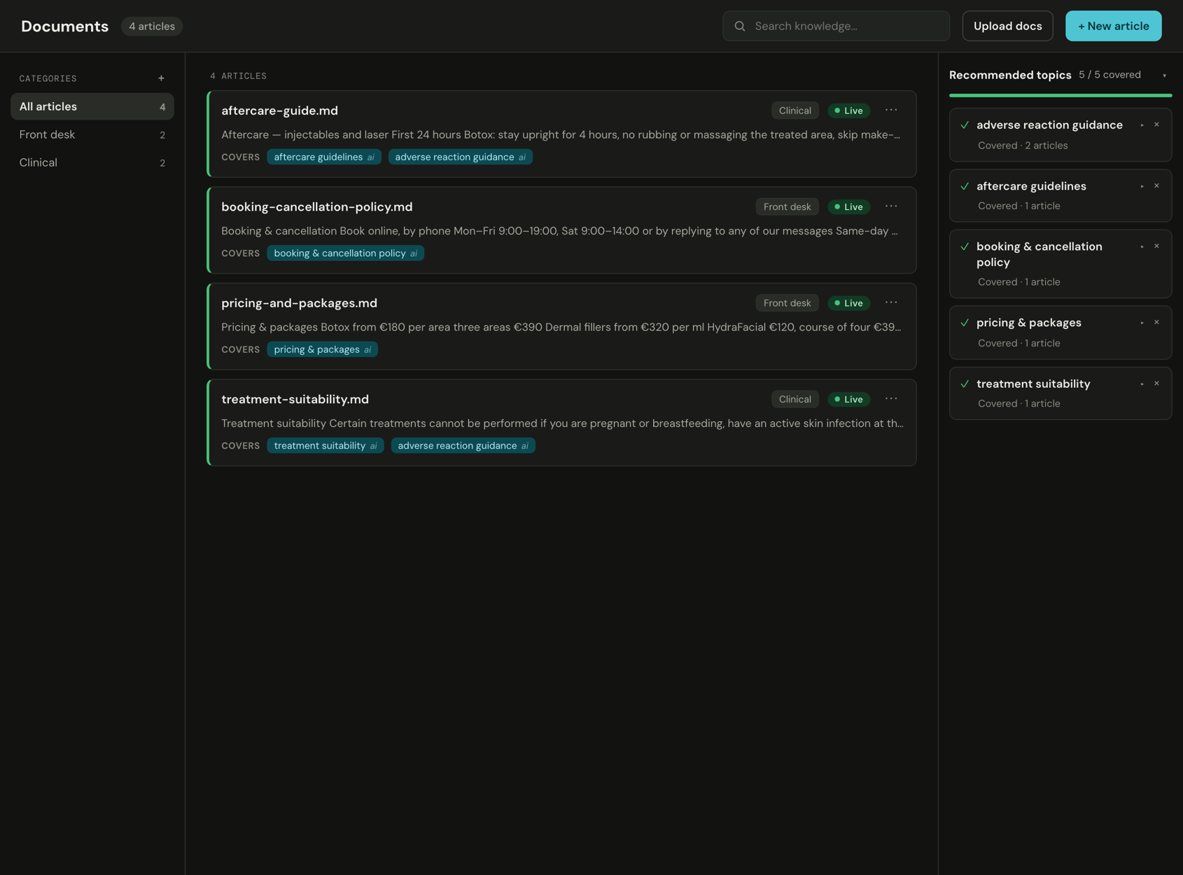 ReQuest DESK knowledge base from a live tenant: a published article with the topics it covers as chips, and a rail of recommended topics showing coverage gaps the AI proposes to fill